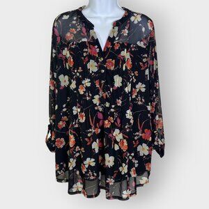Cocomo Woman Pin Tuck Popover Blouse | 2X | Black Pink Floral Mesh | Boho Office